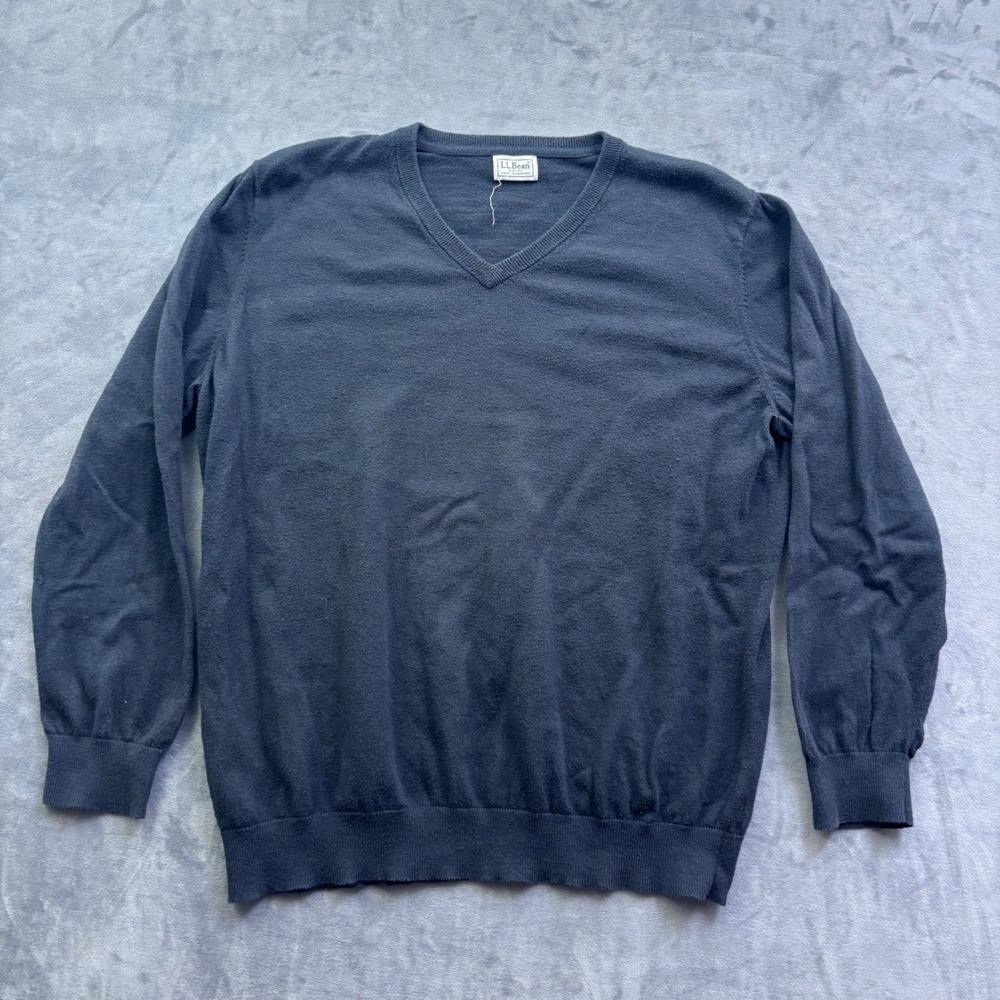 L.L. Bean Mens V-Neck Sweater Charcoal Grey Cotton Cashmere Blend Knit